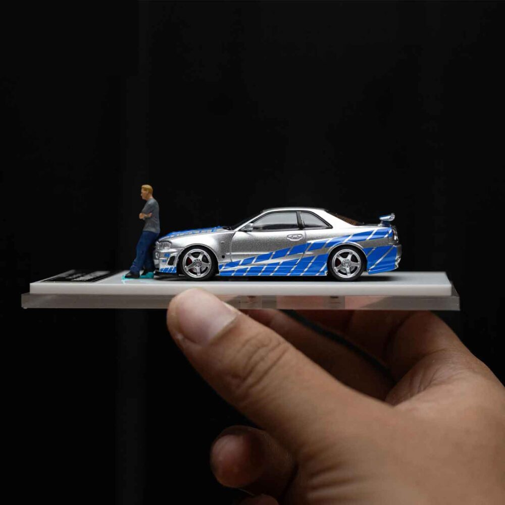 Cool Art 1:64 Nissan GT-R R34 diecast model in blue and silver livery