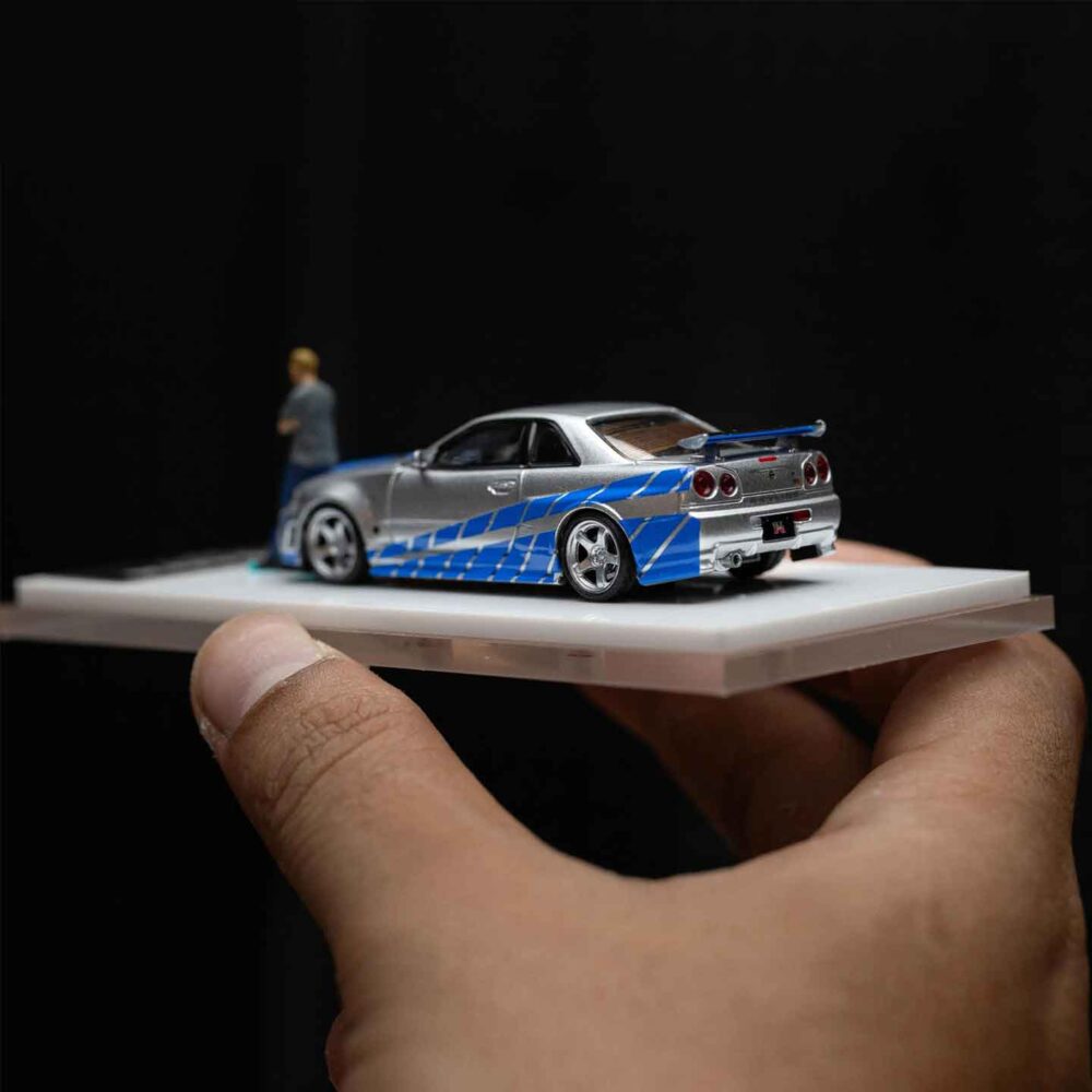 Cool Art 1:64 Nissan GT-R R34 diecast model in blue and silver livery