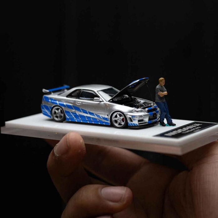 Cool Art 1:64 Nissan GT-R R34 diecast model in blue and silver livery