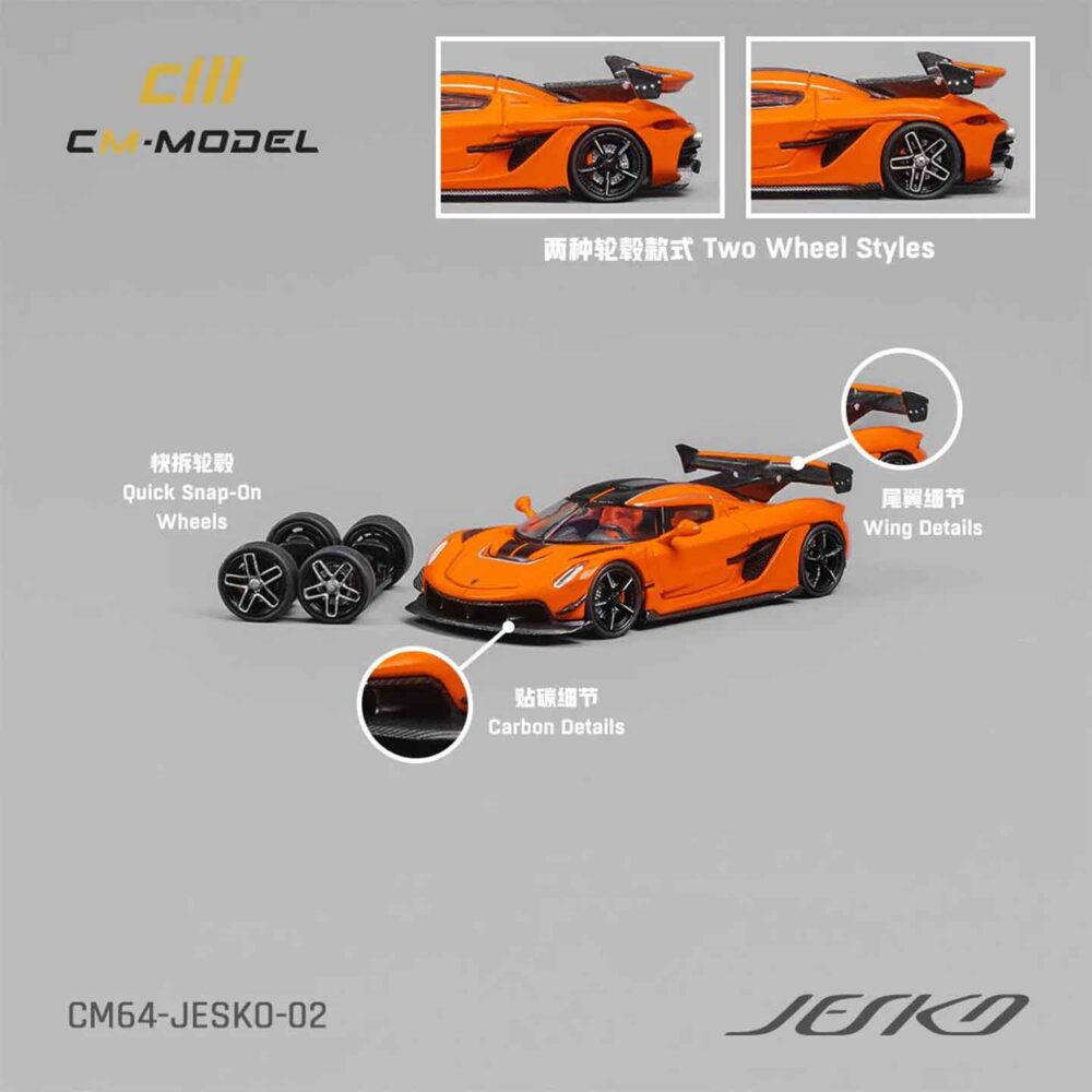 CM Model 1:64 Koenigsegg Jesko diecast in red with carbon rear wing