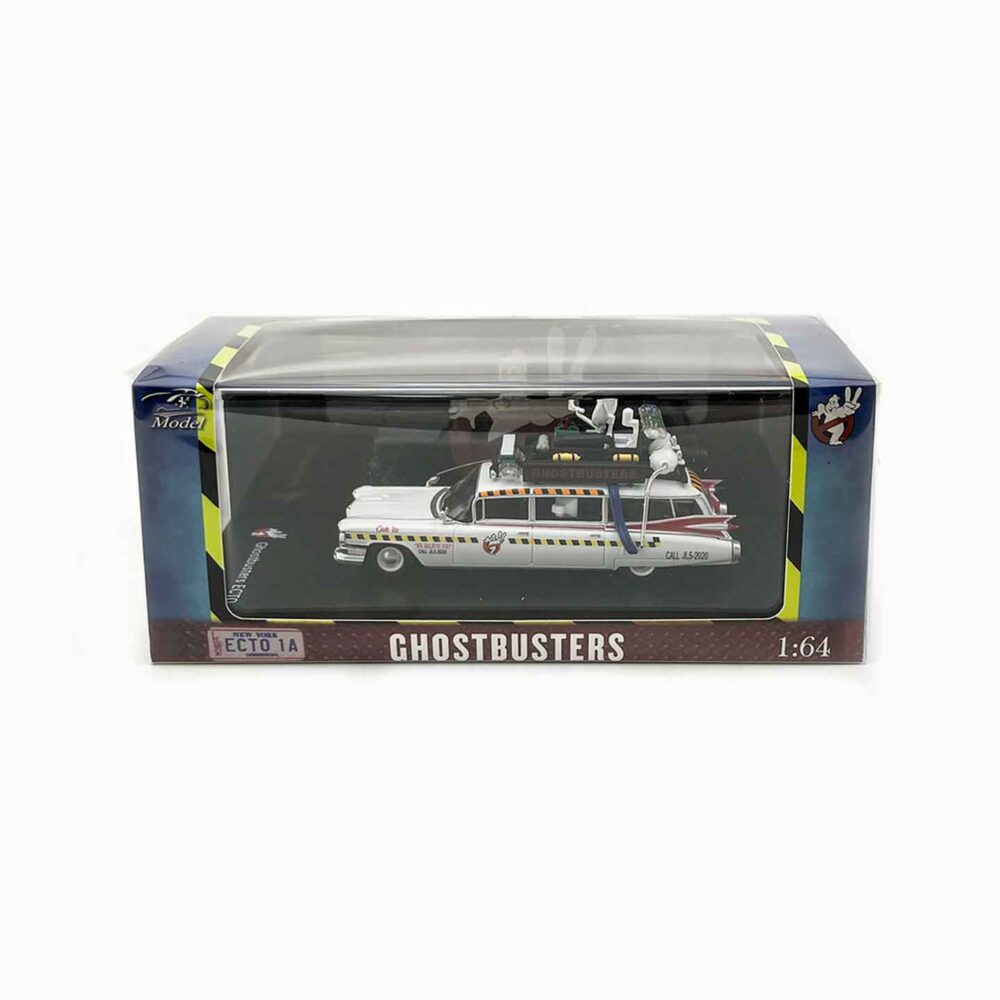 Ghostbusters Ecto-1 diecast car collectible Close-up of Ghostbusters Ecto-1 diecast model Side view of Ghostbusters Ecto-1 movie car replica