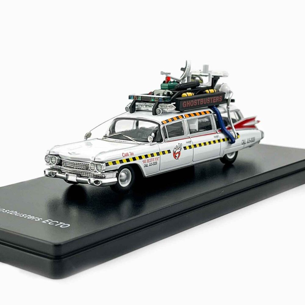 Ghostbusters Ecto-1 diecast car collectible Close-up of Ghostbusters Ecto-1 diecast model Side view of Ghostbusters Ecto-1 movie car replica