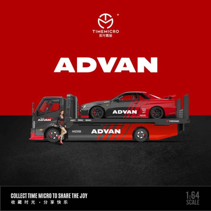 TIMEMICRO 1:64 H300 Flatbed Trailer + Nissan GTR34 Combination Set with Figure Diecast Model