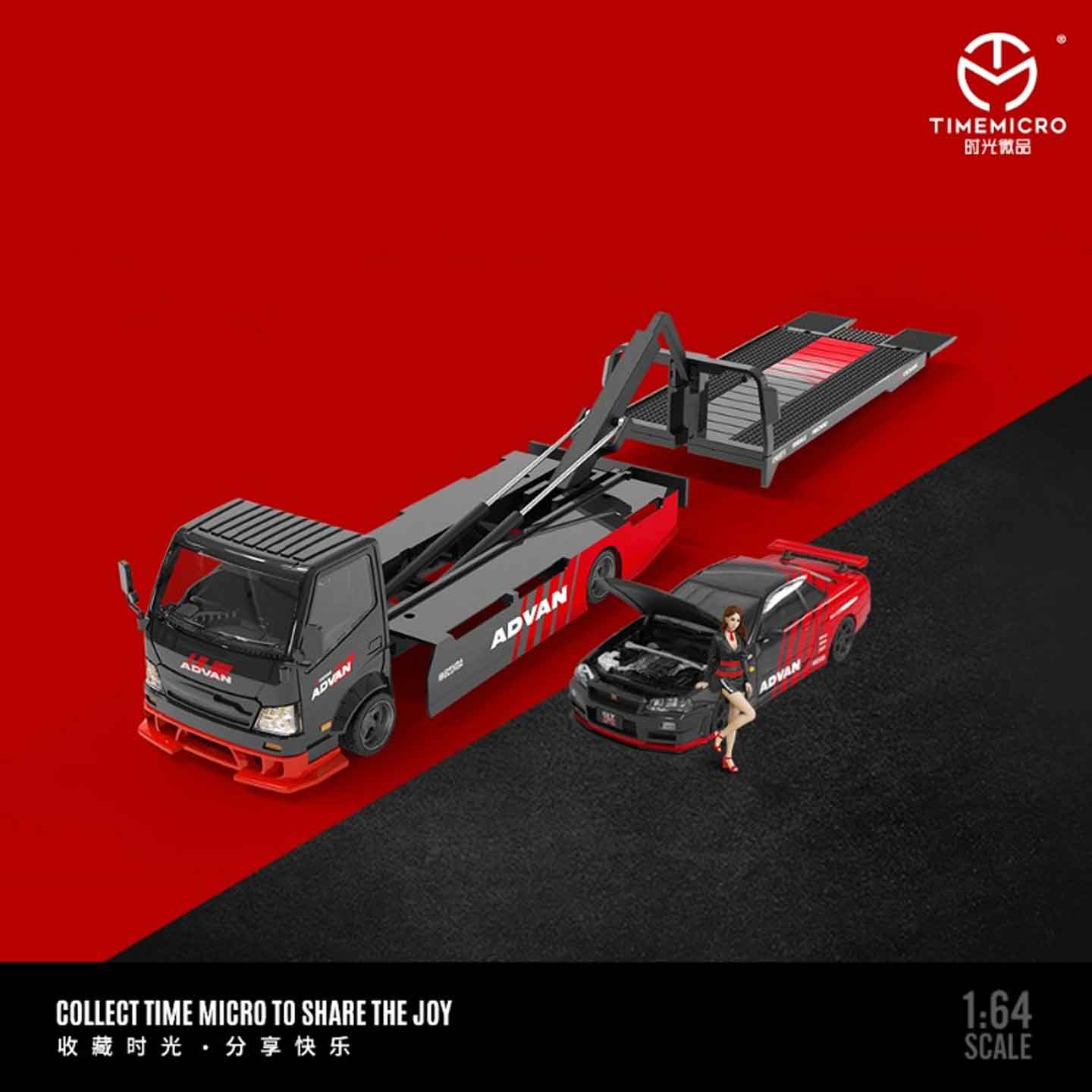 TIMEMICRO 1:64 H300 Flatbed Trailer + Nissan GTR34 Combination Set with Figure Diecast Model