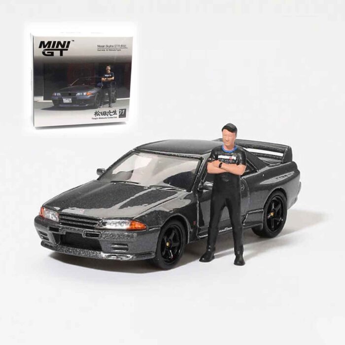 Mini GT Nissan Skyline GT-R R32 gunmetal grey diecast car model with Matsuda figure