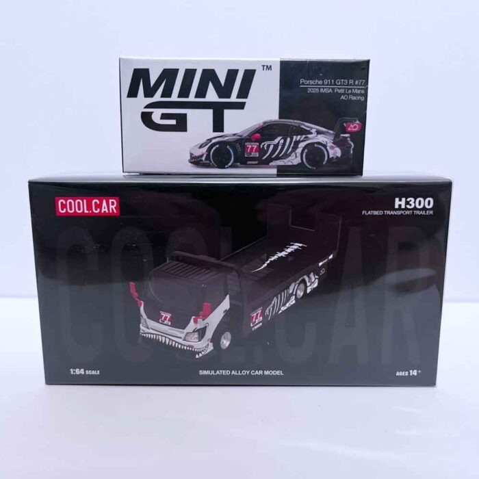 Mini GT Porsche 911 GT3 R 77 Rexy with Cool Car H300 Flatbed Trailer