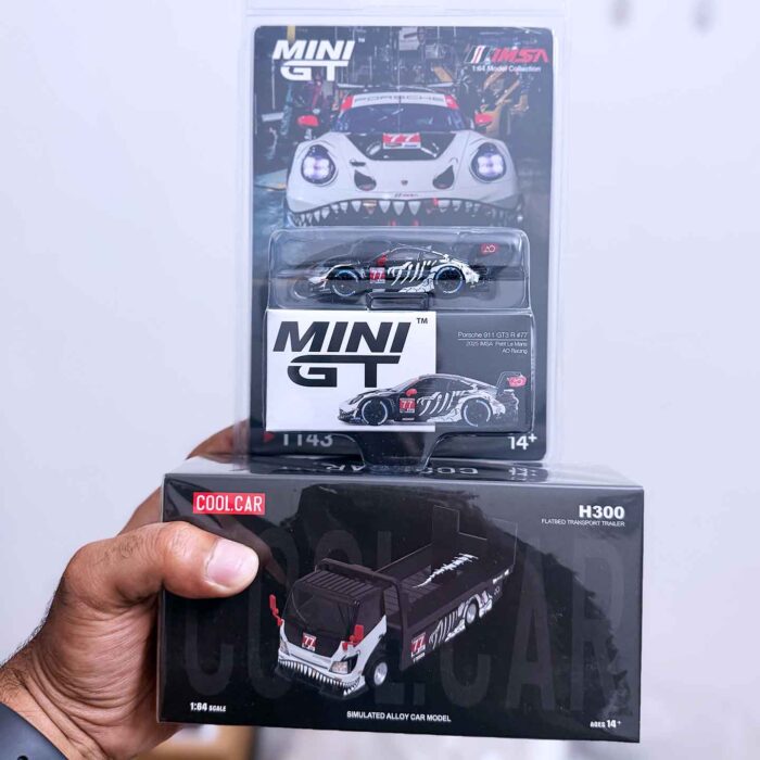 Mini GT Porsche 911 GT3 R 77 Rexy with Cool Car H300 Flatbed Trailer